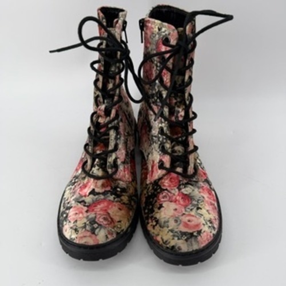 Unr8ed Kat Floral Combat Boots Womens 10M Rose Print Lace Up Side Zip Lug Sole